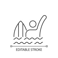 Emergency signal for drowning linear icon. Waving arm above head. Surfer in dangerous situation. Thin line customizable illustration. Contour symbol. Vector isolated outline drawing. Editable stroke