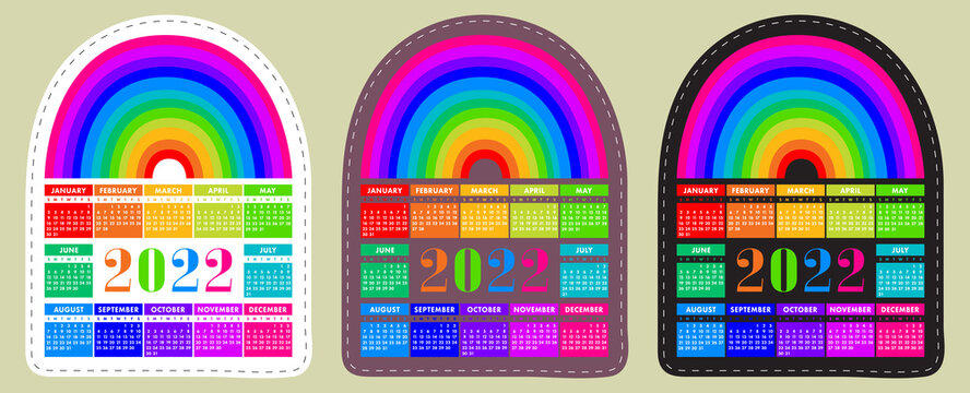 Calendar sticker 2022 with rainbow. English colorful vector horizontal wall or pocket calender template. Bright design