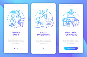 Fund-raising kinds onboarding mobile app page screen. Charity meeting walkthrough 3 steps graphic instructions with concepts. UI, UX, GUI vector template with linear color illustrations
