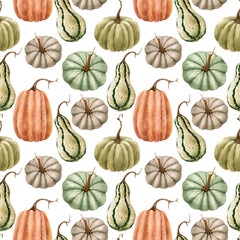 seamless pattern with green and orange pumpkins on white background, illustration watercolor hand painted.
