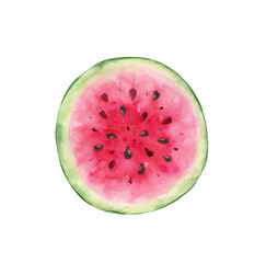 watercolor illustration of a red watermelon cut with black seeds. hand-painted.