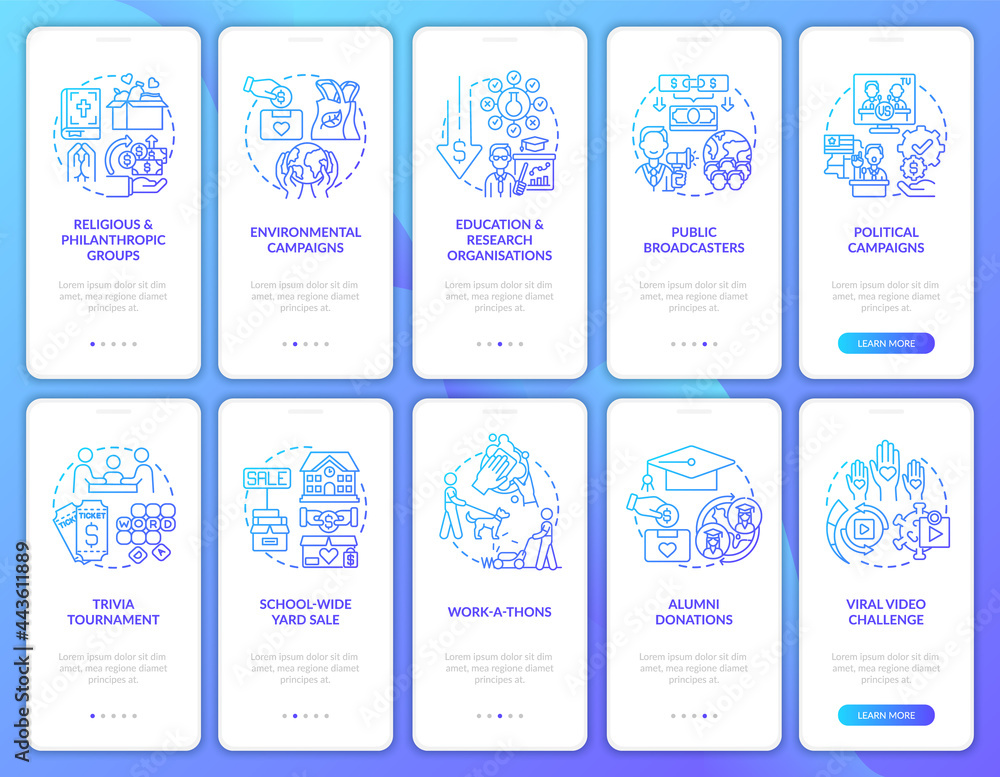Poster charitable financial support onboarding mobile app page screens set. fundraising walkthrough 5 steps