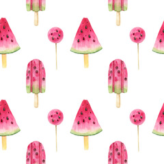 Seamless pattern with slices of ripe juicy watermelon and sweets, watercolor illustration on white background.