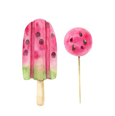 set of watermelon sweets and desserts, watercolor illustration hand painted.