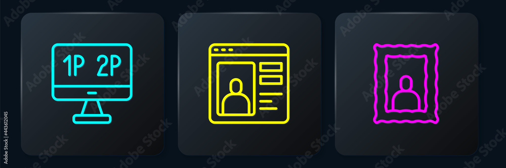Poster set line computer monitor screen, picture frame and dating app online. black square button. vector
