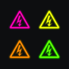 Arrow Bolt Signal Of Electrical Shock Risk In Triangular Shape four color glowing neon vector icon