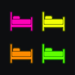 Bed four color glowing neon vector icon