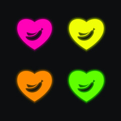 Banana Lover Symbol Of Bananas Inside A Heart four color glowing neon vector icon