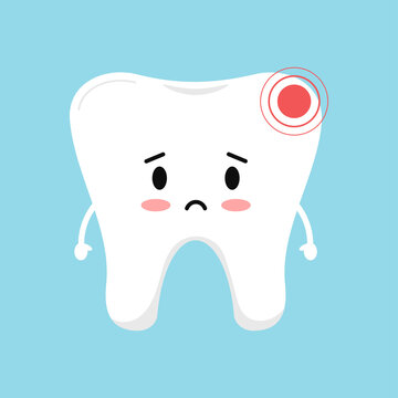 Sad tooth with pain ache dental icon isolated on blue background. Cute sick teeth character. Flat cartoon kids dentistry character with hurt vector illustration. Dent prevention and treatment concept
