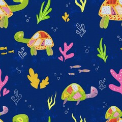 Seamless pattern, funny turtles on dark background. Designs for clothing, fabric, and other items.