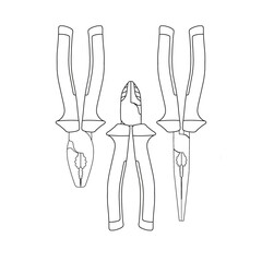 A set of hand tools. Pliers, pliers, and a side cutter. Flat line style design. An illustration isolated on a white background. Tools - pliers, pliers, side cutters.