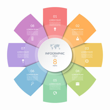 Infographic circle, process chart, cycle diagram with 8 steps, parts. Eight-step vector template for business infographics, report, presentation, brochure.