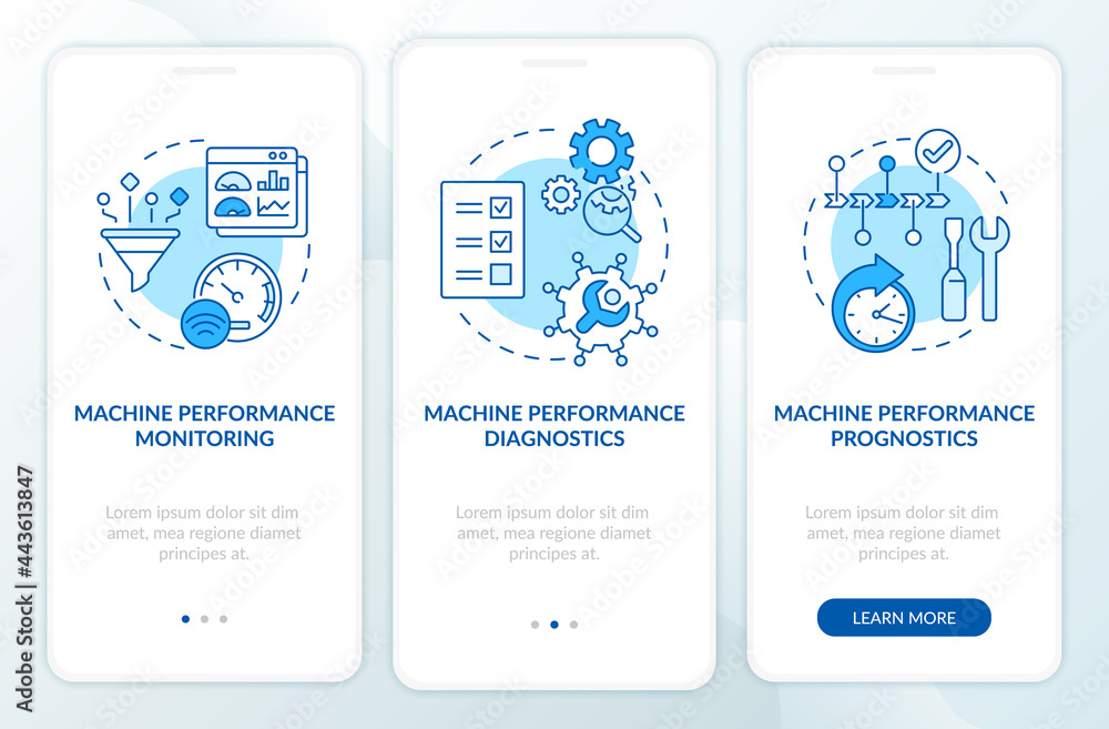 Poster digital twin tasks onboarding mobile app page screen. machine diagnostic monitoring walkthrough 3 st