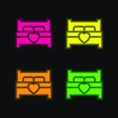 Bed four color glowing neon vector icon