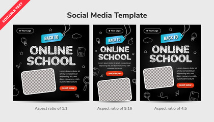 Back to online school social media template background with editable text effect.