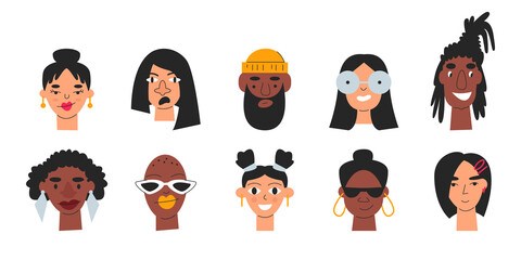 Multicultural diverse people avatar set isolated. User profile collection with cute male and female faces. Social network, job, web forum, student picture icons. Vector modern simple flat illustration