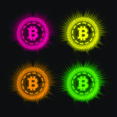 Bitcoin Surrounded By A Circle Of Olive Leaves four color glowing neon vector icon