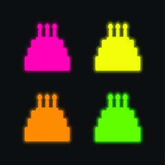 Birthday Cake four color glowing neon vector icon