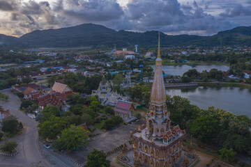 .aerial panorama view scenery sunset above Chalong pagoda in Phuket province..Chalong temple is the...