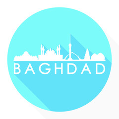 Baghdad, Iraq Round Button City Skyline Design. Silhouette Stamp Vector Travel Tourism.