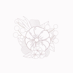 Flower arrangement in monochrome light pink color scheme. Outline of flowers and leaves. Flat vector illustration of flower elements for postcards and invitations