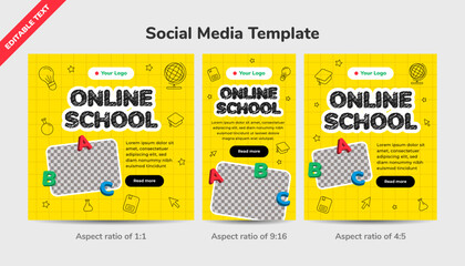 Online school social media template with 3d illustration. Digital internet tutorials and courses, online education. Editable Text Effect.