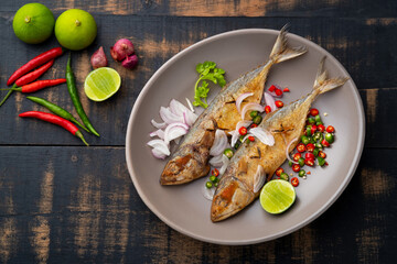 Spicy Deep Fried Salted mackerel Fish (Thai Food) - Pla too Tod.Top view