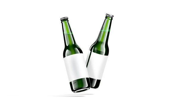 Blank green glass beer bottle white label mockup, no gravity