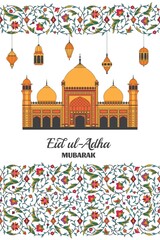 Eid al Adha Background. Islamic Arabic mosque, lanterns. Arabesque floral pattern. Branches with flowers, leaves and petals. Greeting card. Festival of the Sacrifice
