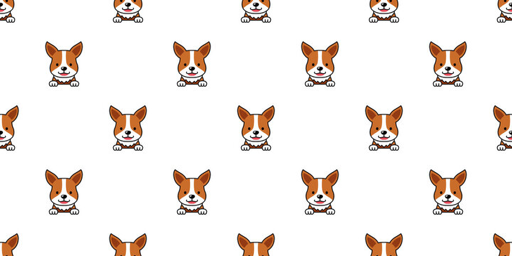Cartoon character corgi dog face seamless pattern background for design.
