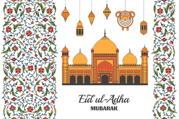 Eid al Adha Background. Islamic Arabic mosque, lanterns and sheep. Arabesque floral pattern. Branches with flowers, leaves and petals. Greeting card. Festival of the Sacrifice