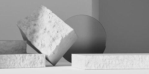 3D background, stone podium display. Round circle, gradient frame. Cosmetics, beauty product promotion white pedestal. Natural shadow, rough grey rock showcase. Abstract minimal studio 3D render