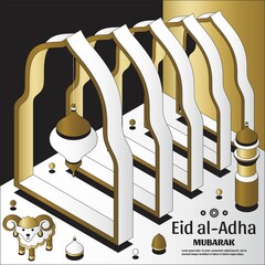 Eid al Adha Background isometric. Islamic Arabic mosque, lanterns and sheep. Greeting card. Festival of the Sacrifice