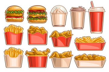 Vector Fast Food Set, lot collection of cut out illustrations tasty burgers, dessert in plastic container, takeaway beverages, french fries in cardboard package and roasted chicken legs in big bucket.