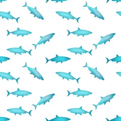 Blue sharks on white background hand drawn digital illustration seamless pattern