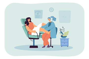 Gynecological examination flat vector illustration. Woman sitting in gynecological chair while doctor examining her vagina, cervix. Obstetrics, gynecology, health, medicine concept for banner design