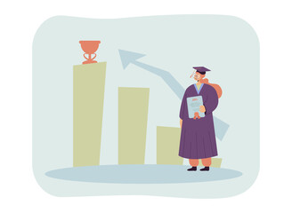 Female graduate looking at prize on pedestal. Young girl in graduation hat holding diploma flat vector illustration. Education, graduation concept for banner, website design or landing web page