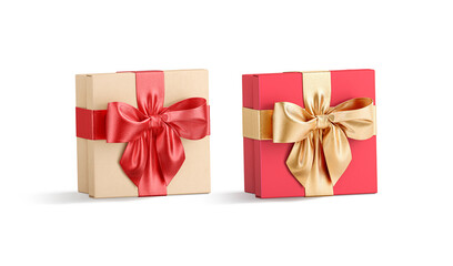 Blank red and gold gift box ribbon bow mock up