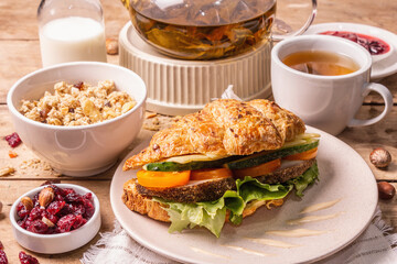 Healthy breakfast concept. Morning good mood with tea, croissant, granola, milk, and jam