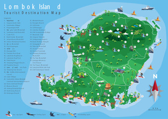 Lombok Island Tourist Destination map - obrazy, fototapety, plakaty