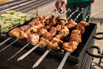 Man cooking meat on skewers in the backyard