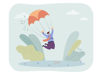 Happy businessman with parachute landing in right location. Man skydiving, successful landing flat vector illustration. Risk, achievement, success concept for banner, website design or landing page