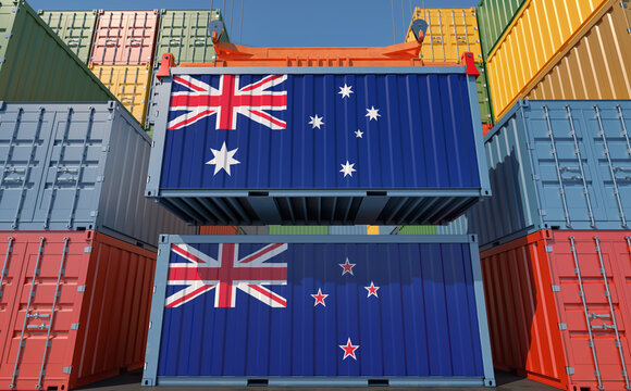 Container Terminal. Two cargo Container with Australia and New Zealand flags. 3D Rendering