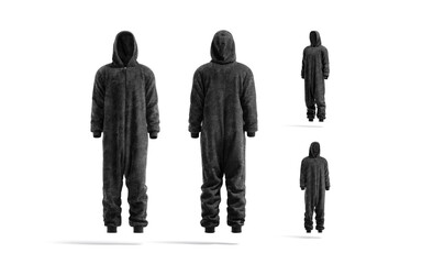 Blank black plush jumpsuit with hood mockup, different views