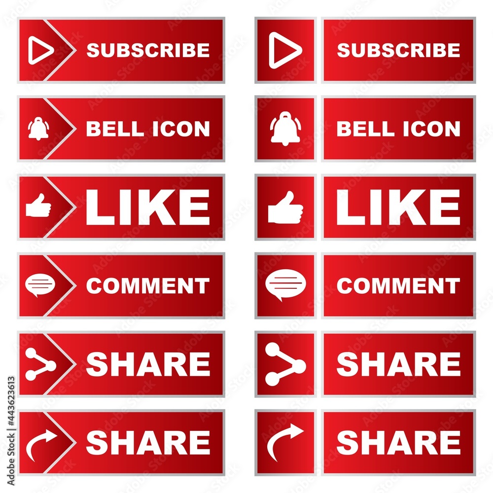 Poster subscribe button collection with multiple shape. red color button collection with like, comment and 