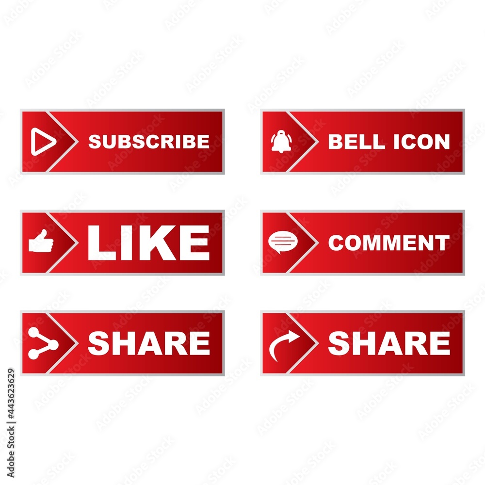 Poster subscribe button collection with multiple square shapes. red color button collection with like, comm