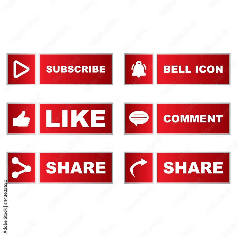 Poster button collection with multiple shapes. red color button collection with like, subscribe, comment, a