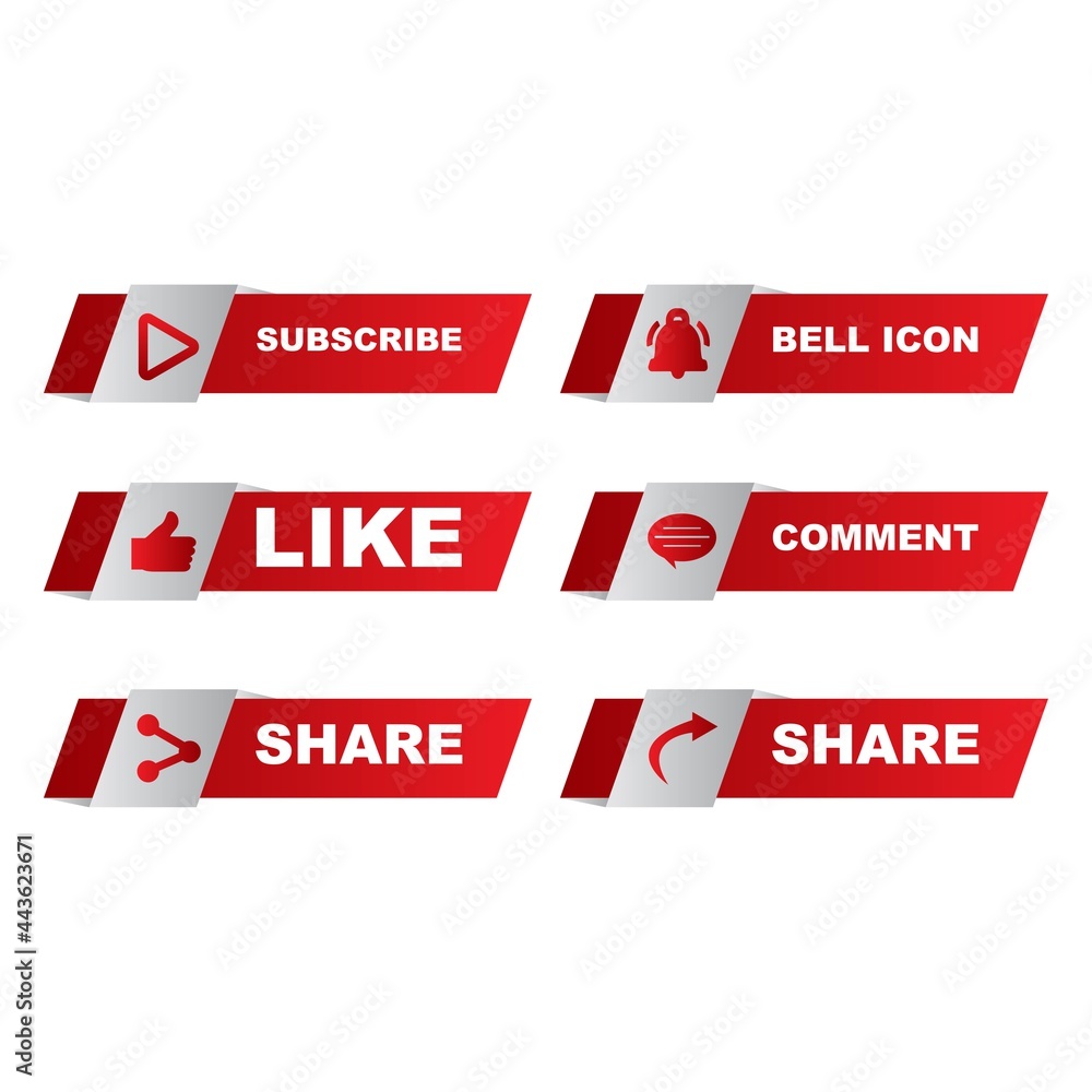 Poster subscribe button collection with multiple shapes. red and white metallic color button collection wit