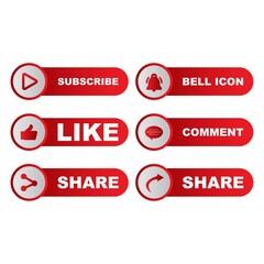 Button collection stylish with multiple shapes. Metallic red and white color button collection with like, comment, and share icon. Metallic red color social media button collection.