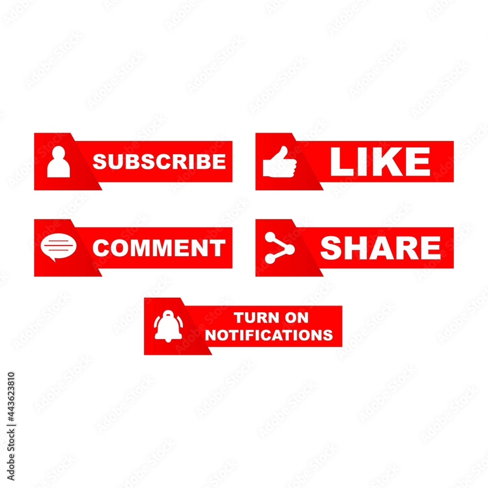 Poster subscribe button collection with multiple shapes design. red color button collection with like, comm